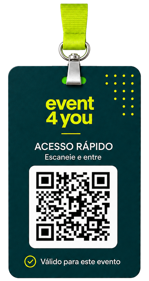Crachá Event4You com QR code para acesso rápido