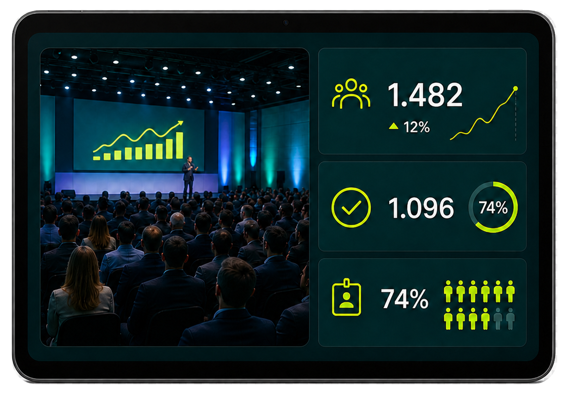 Painel de operação com público, presença e check-ins do evento
