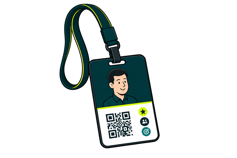 Crachá com identificação, QR code e categorias