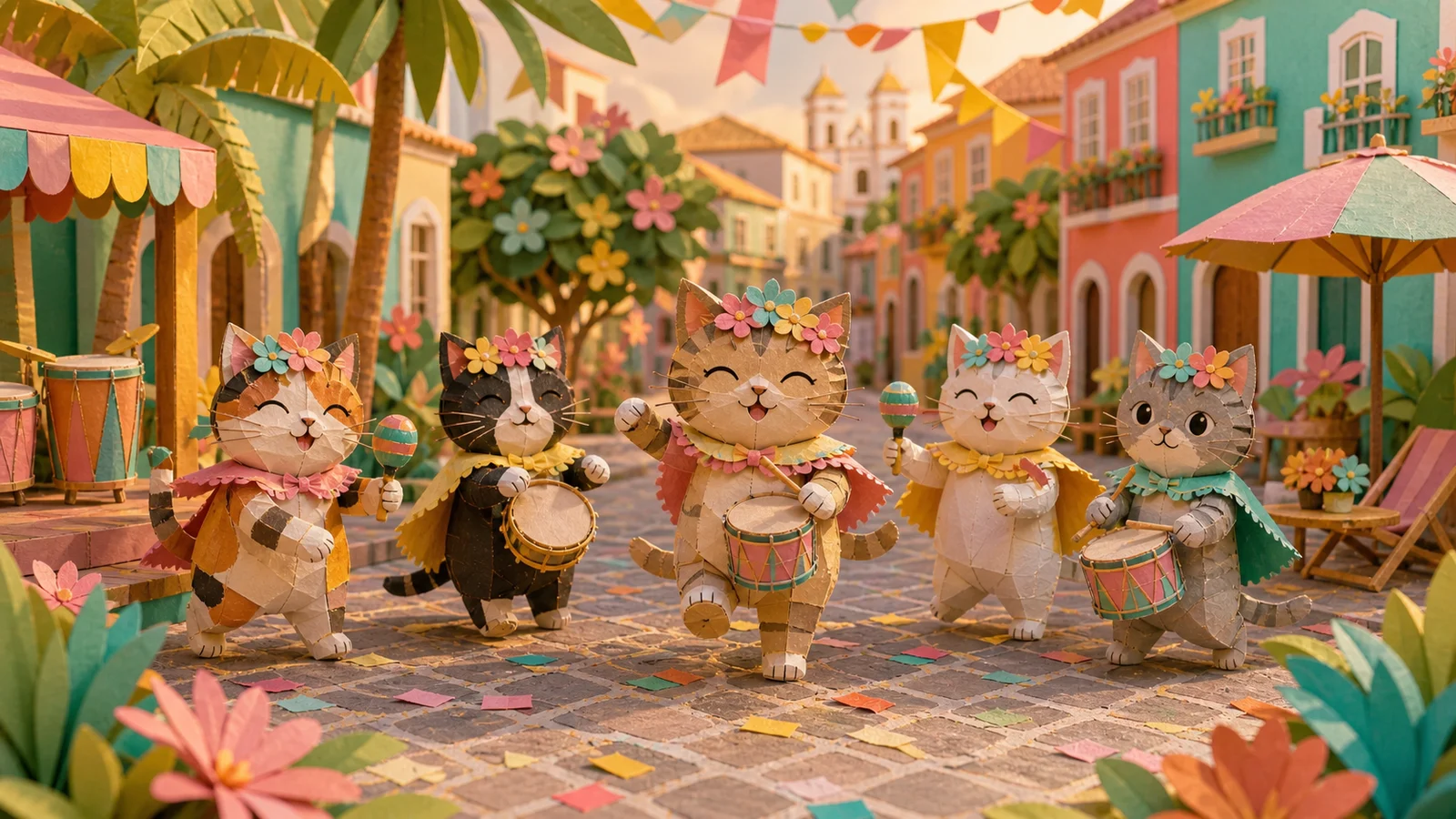 Gatos de papercraft desfilando com flores e instrumentos em uma rua colorida de Salvador