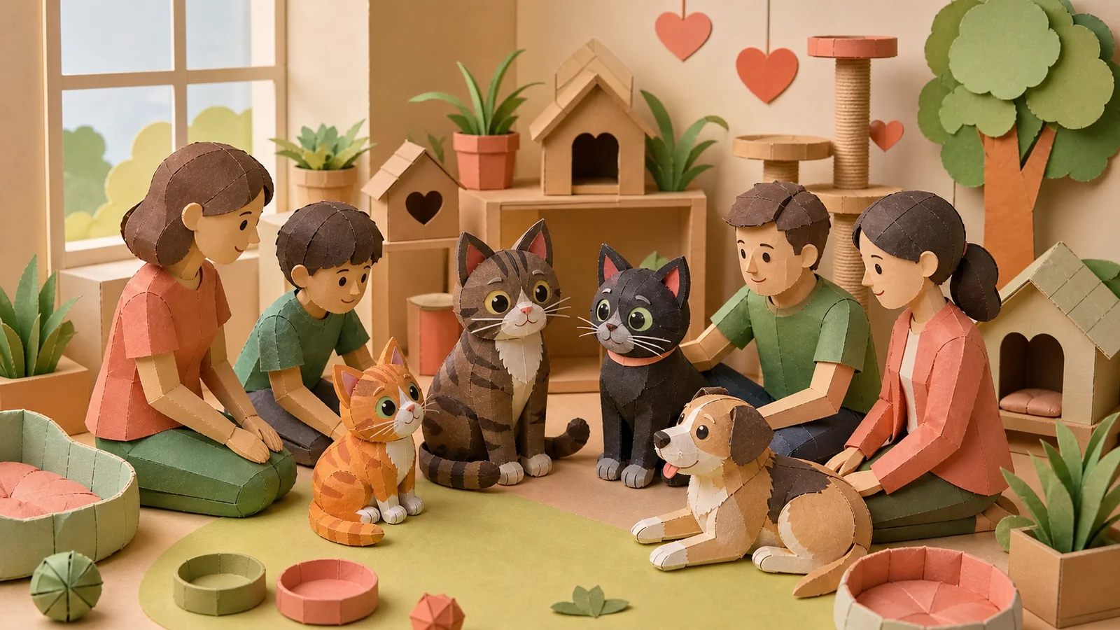 Famílias conhecendo gatos de papercraft em um espaço acolhedor de adoção responsável