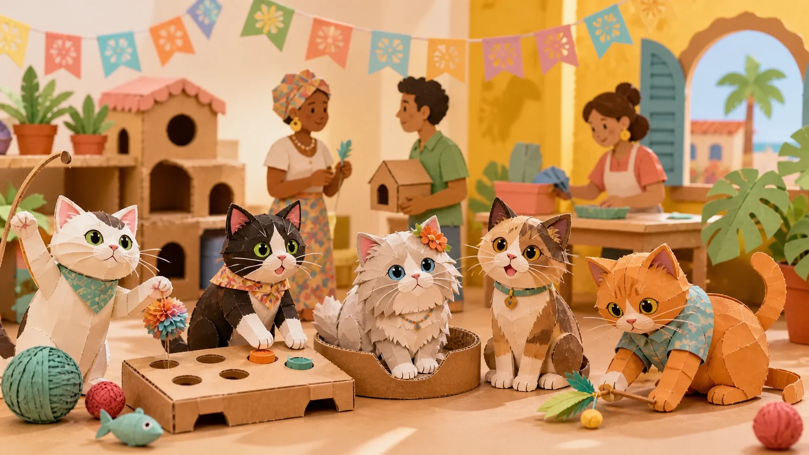 Gatos de papercraft participando de oficinas e brincadeiras no Festival Miauzinho