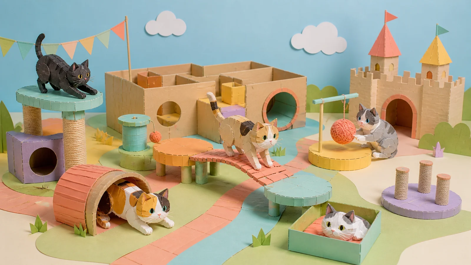 Gatos de papercraft explorando túneis, plataformas e um castelo em circuito seguro