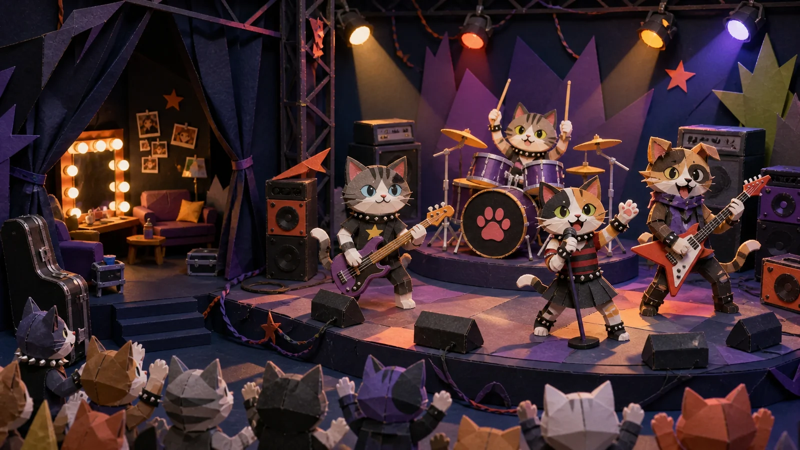 Banda de gatos de papercraft tocando rock em um palco iluminado com plateia felina